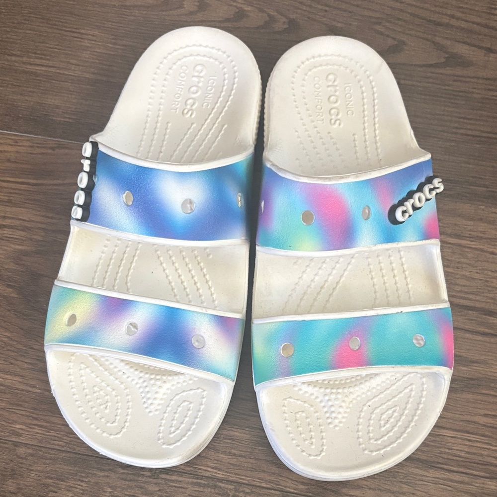 CROCS White Slide Sandals with Iridescent Multicolor Straps